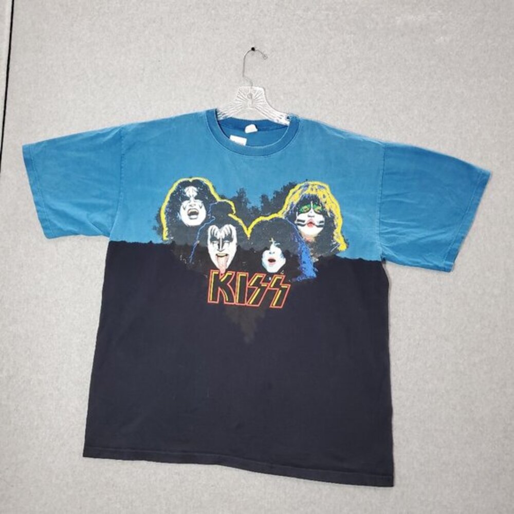 VINTAGE Kiss Men Shirt XL‎ Blue Tie Dye Heart Shape Logo Graphic Print Tee READ